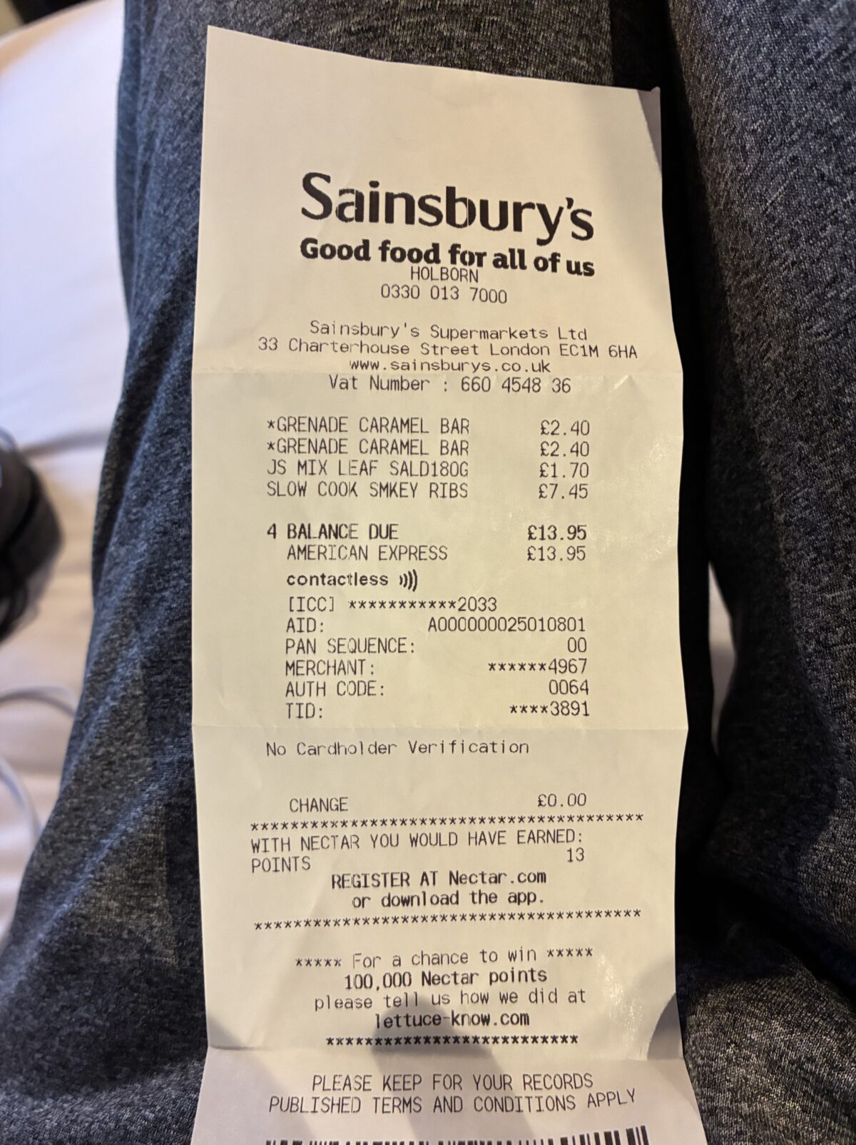 ロンドン スーパー・市場 Sainsbury’s Holborn レシート