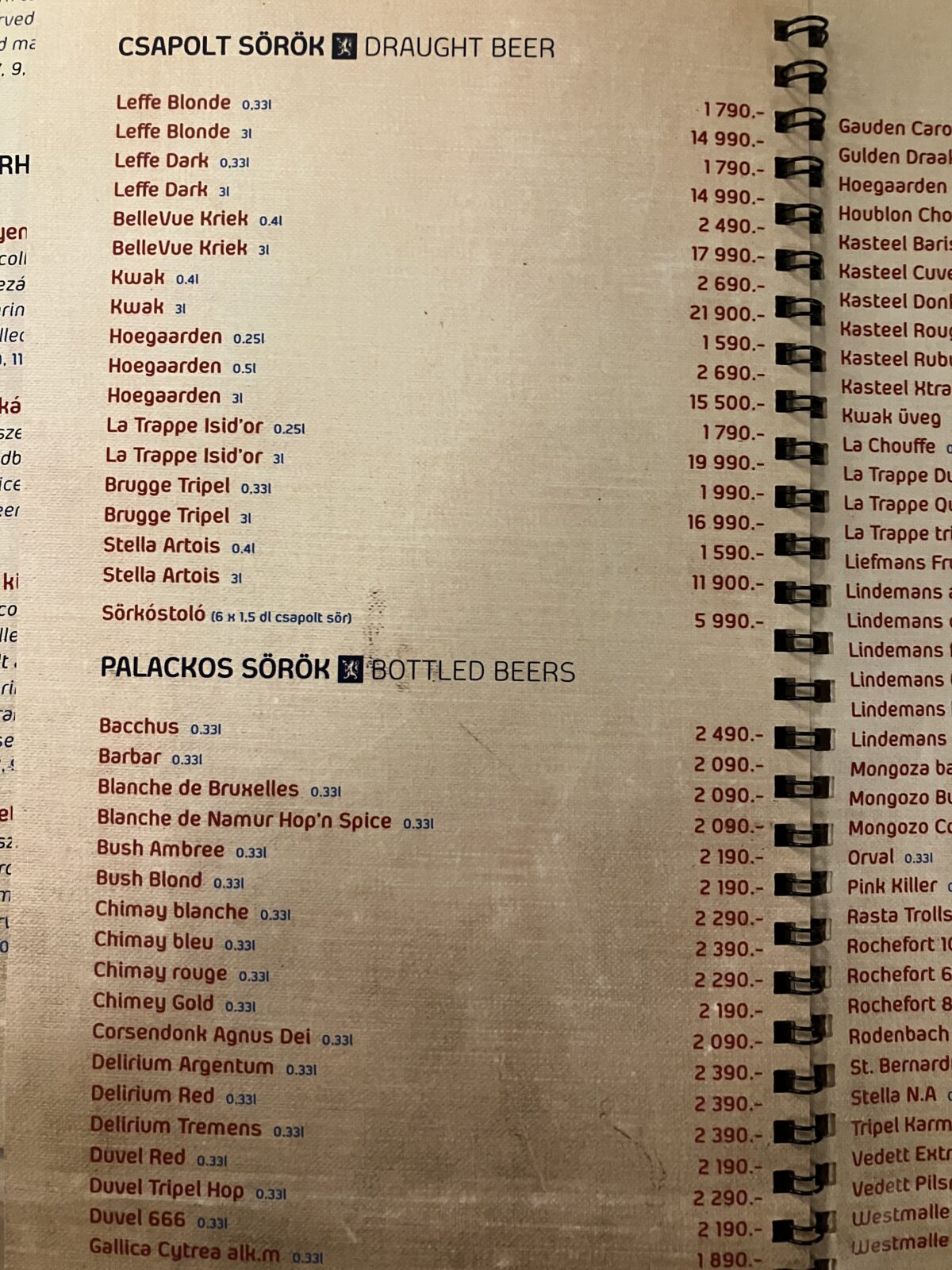 ブダペスト レストラン Mosselen Belgian Beer Café ビールメニュー